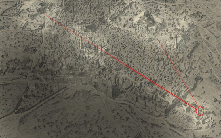 Tekening betreft Jeruzalem in vogelperspectief gezien vanuit westen in 1873. In Jezus tijd lag de bovenzaal binnen de stadsmuren!